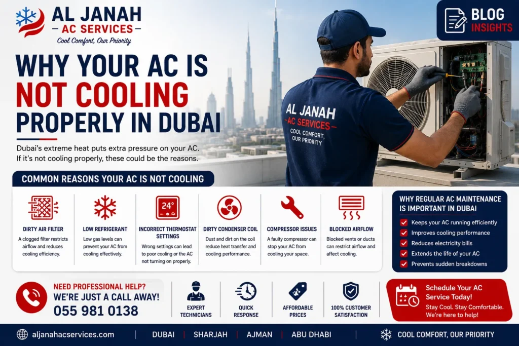 AC Not Cooling Properly Dubai technician inspecting an air conditioner
