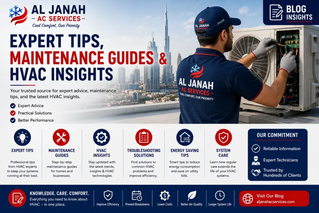 AC technician servicing an air conditioner in Dubai for maintenance and repair